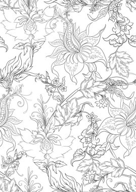 Fantasy flowers in retro, vintage, jacobean embroidery style clipart