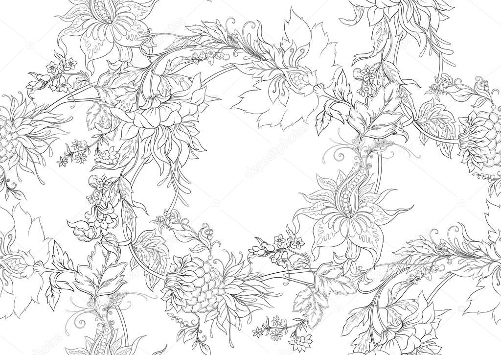 Fantasy flowers in retro, vintage, jacobean embroidery style