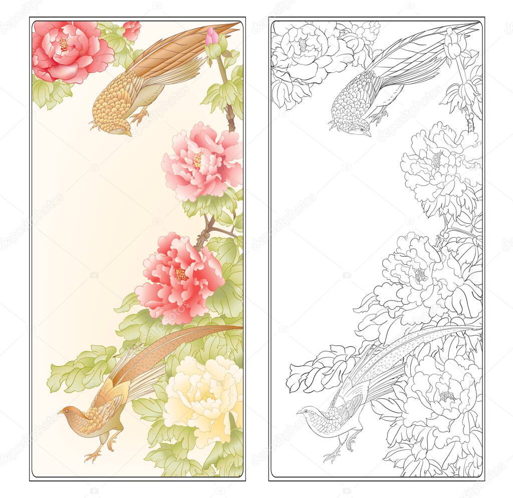 Peony tree branch with flowers with pheasants