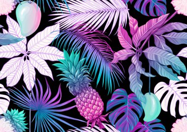 Tropical plants and flowers. Seamless pattern clipart