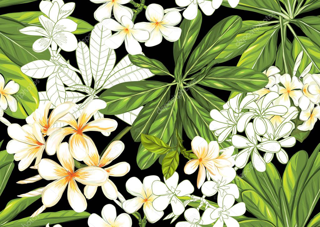 Tropical plants and flowers. Seamless pattern