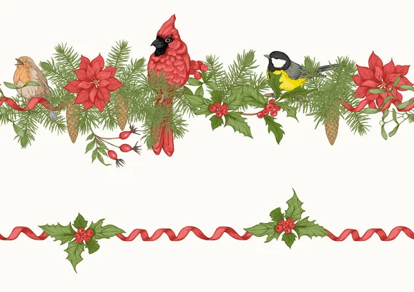 Corona de Navidad de abeto, pino y poinsettia . — Archivo Imágenes Vectoriales
