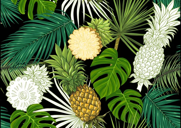 Тропические растения и цветы. Бесшовный рисунок — стоковый вектор