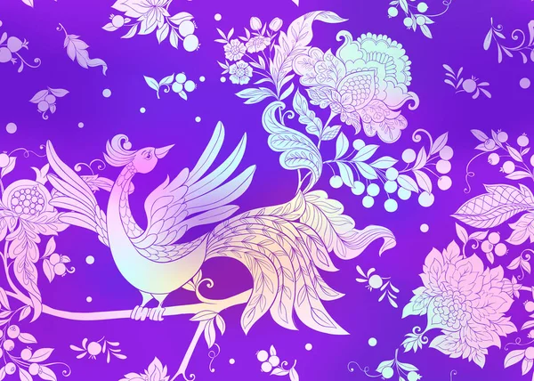Fantasy blommigt sömlöst mönster med fågel — Stock vektor