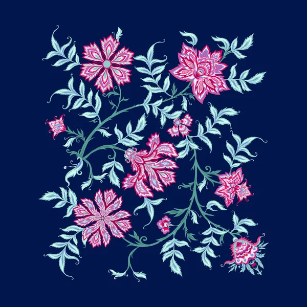 Patrón étnico en estilo kalamkari, patrón floral de fantasía — Vector de stock