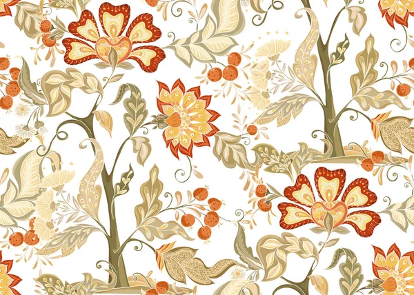 Patrón sin costura floral de fantasía en estilo bordado jacobeo — Archivo Imágenes Vectoriales