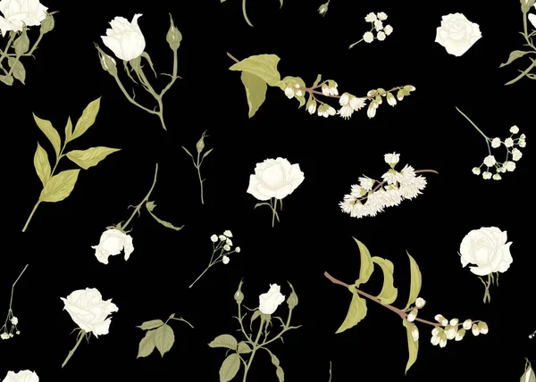 Güller ve bahar çiçekleri pürüzsüz desen — Stok Vektör