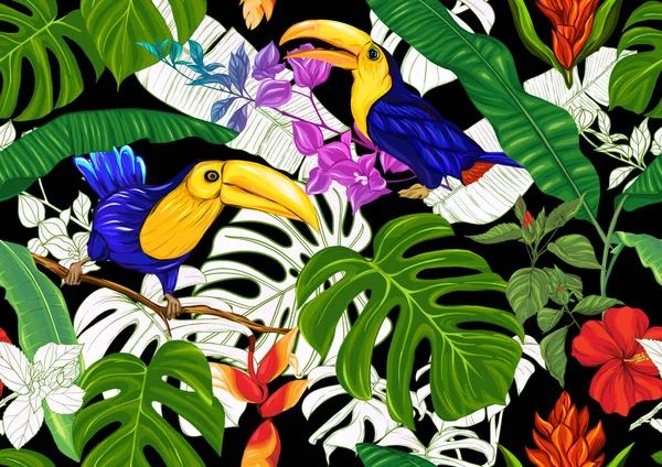 Plantas tropicales y flores y aves . — Archivo Imágenes Vectoriales