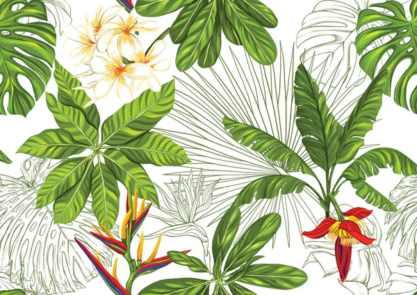 Plantas tropicales y flores Patrón inconsútil . — Vector de stock