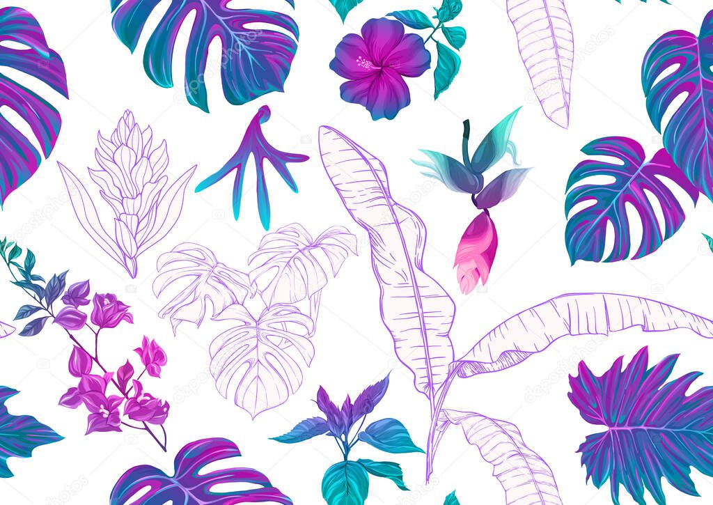 Tropical plants and flowers. Seamless pattern