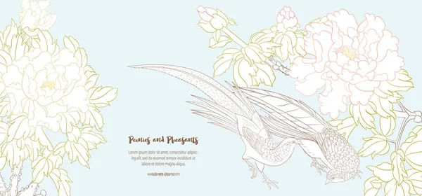 Peony cabang pohon dengan bunga dengan burung-burung - Stok Vektor