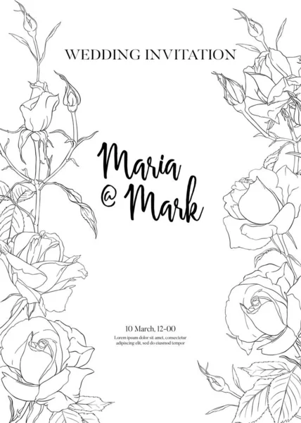 Πρόσκληση γάμου με λευκά τριαντάφυλλα και ανοιξιάτικα λουλούδια — Διανυσματικό Αρχείο