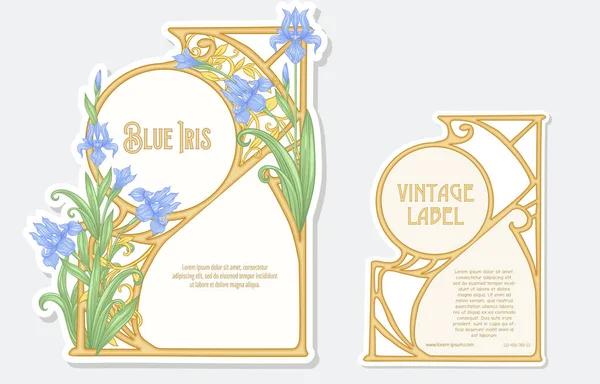 Flor de iris. Set de 2 etiquetas, marcos decorativos, bordes . — Archivo Imágenes Vectoriales