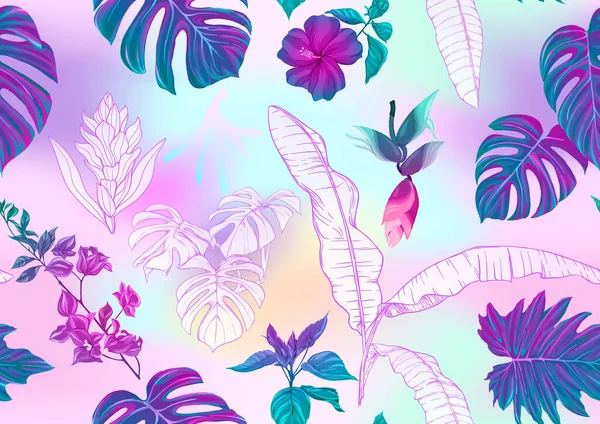 Plantes tropicales et fleurs. Modèle sans couture — Image vectorielle