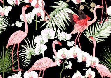 Tropik bitkiler, çiçekler ve kuşlar. 