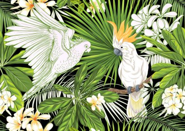 Tropik bitkiler, çiçekler ve kuşlar. 