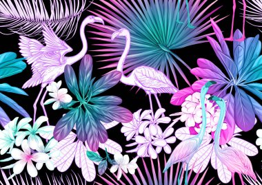 Tropik bitkiler, çiçekler ve kuşlar. Kusursuz desen