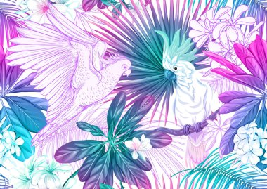 Tropik bitkiler, çiçekler ve kuşlar. 