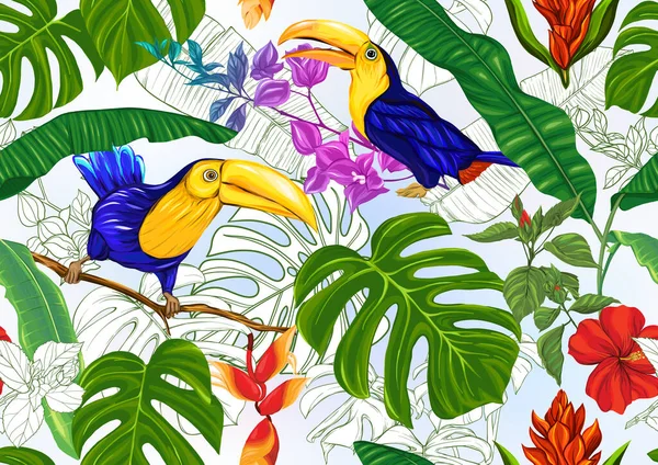 Piante tropicali, fiori e uccelli. Modello senza cuciture — Vettoriale Stock