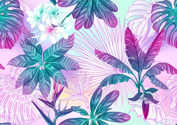 Tropické rostliny a květiny. Bezproblémový vzor — Stockový vektor
