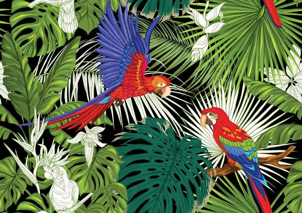 Plantas tropicales y flores y aves . — Archivo Imágenes Vectoriales