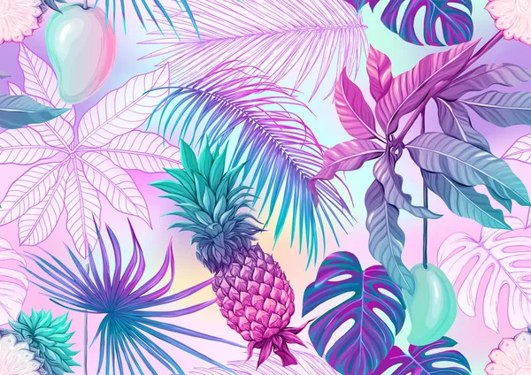 Tropische Pflanzen und Blumen. nahtloses Muster — Stockvektor