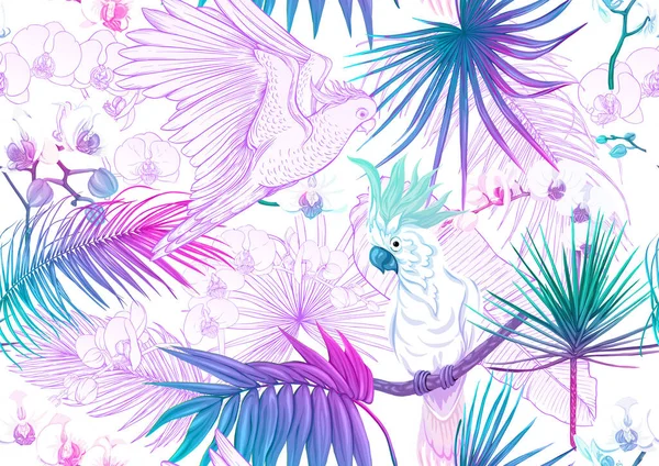 Plantas tropicales y flores y aves . — Vector de stock