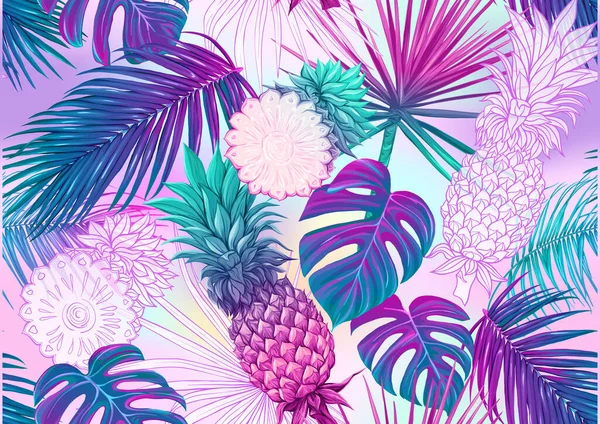 Tropical plants and flowers. Seamless pattern — Stock Vector