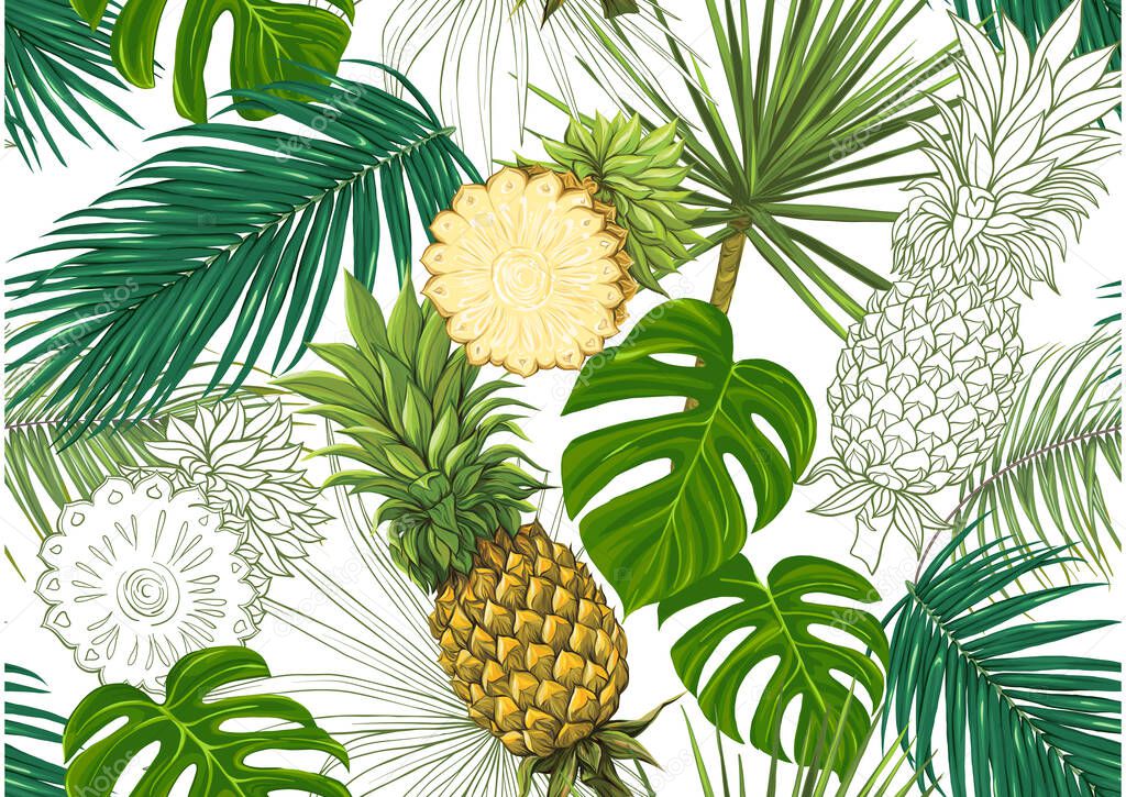 Tropical plants and flowers Seamless pattern.