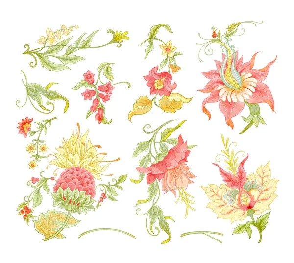 Flores de fantasia em retro, vintage, estilo bordado de jacobean — Vetor de Stock