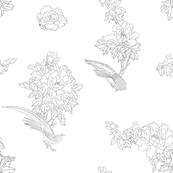 Branche de pivoine avec fleurs avec faisans — Image vectorielle