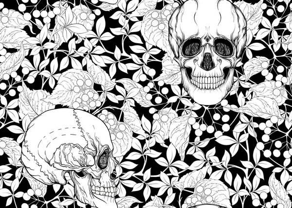 Бесшовный узор с человеческими черепами и растениями — стоковый вектор