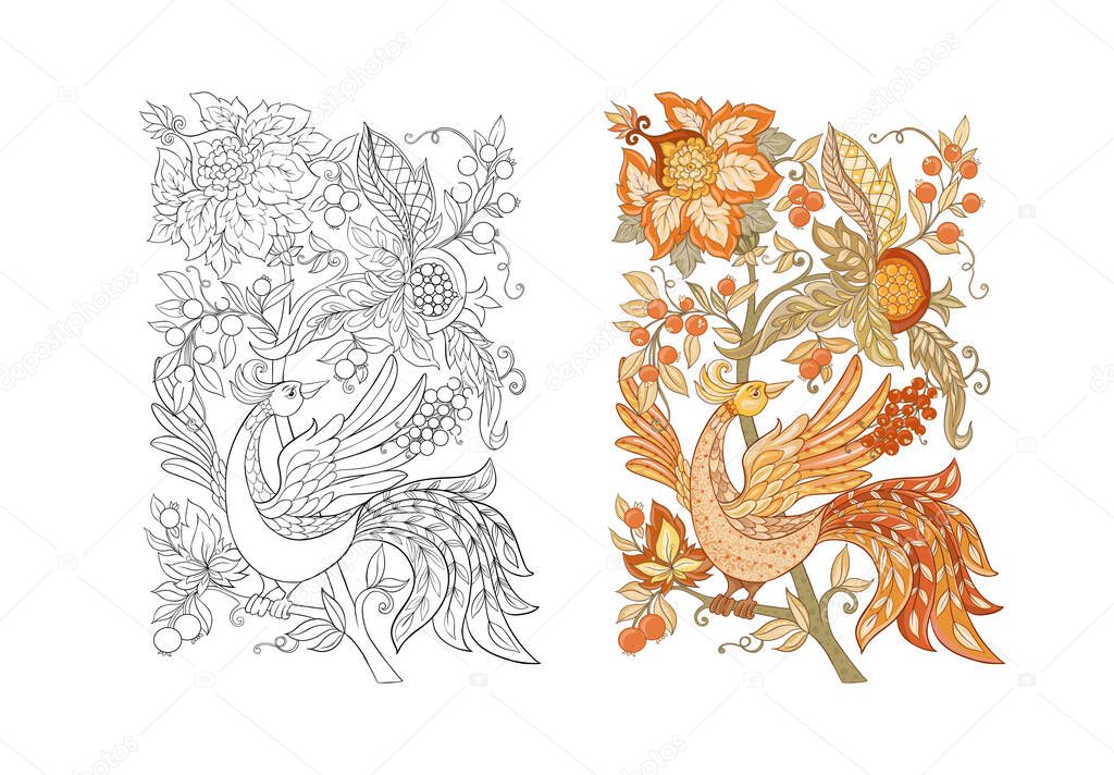 Floral decorative elements in jacobean embroidery style,