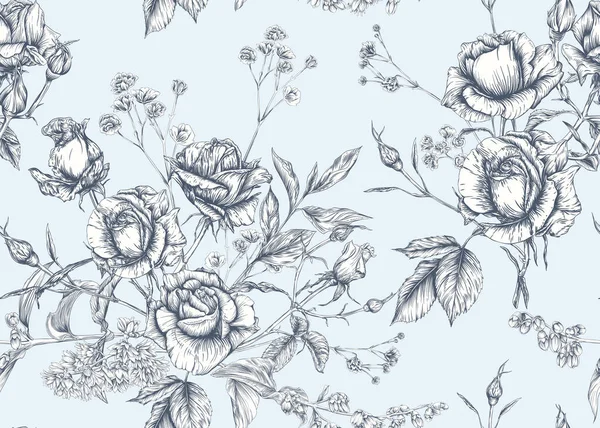 Roses et fleurs de printemps motif sans couture — Image vectorielle