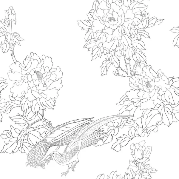 牡丹树枝，有野鸡花 — 图库矢量图片
