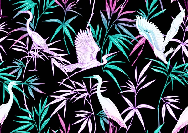 Plantas tropicales y flores y aves. Patrón sin costura — Vector de stock