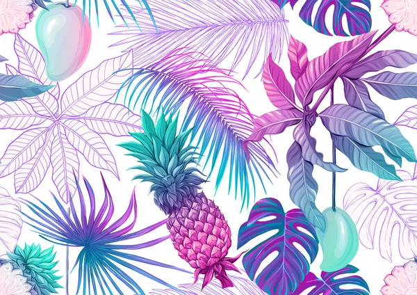 Tropical plants and flowers. Seamless pattern — Stock Vector