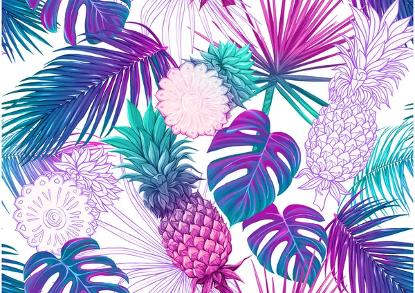 Tropical plants and flowers. Seamless pattern — Stock Vector