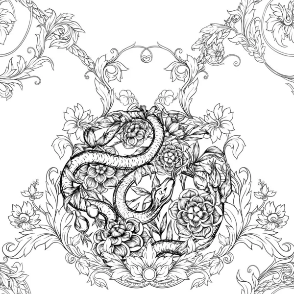Roses et serpent. Modèle sans couture, fond . — Image vectorielle