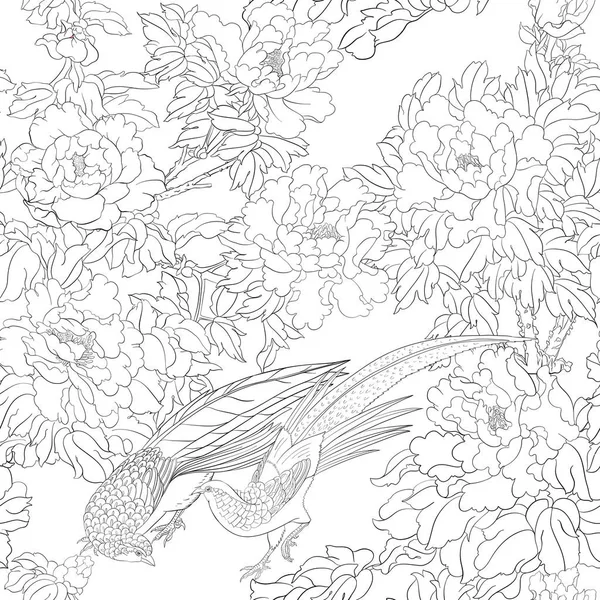 Ветка пиона с цветами с фазанами — стоковый вектор