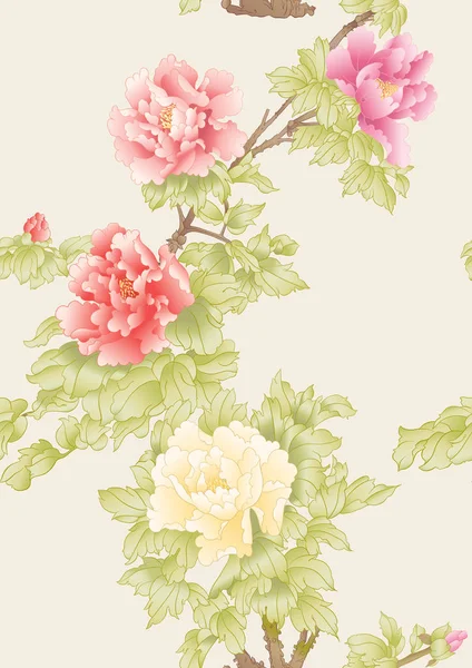 Pfingstrosenzweig mit Blumen im Stil der chinesischen Malerei — Stockvektor