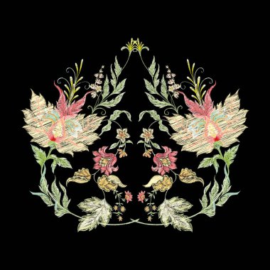 Fantezi çiçekleri retro, vintage, jacobean nakış tarzı.