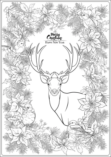 圣诞花环、冬候鸟和鹿群. — 图库矢量图片