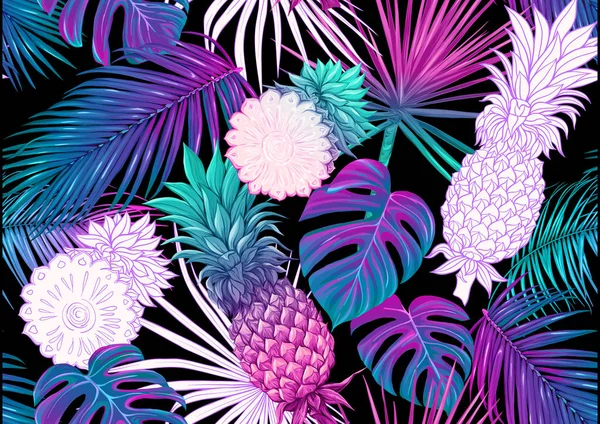 Tropical plants and flowers. Seamless pattern — Stock Vector