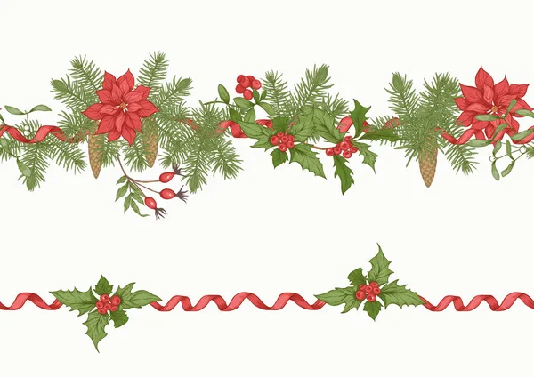 Corona de Navidad de abeto, pino y poinsettia . — Vector de stock