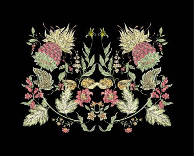 Fantezi çiçekleri retro, vintage, jacobean nakış tarzı.
