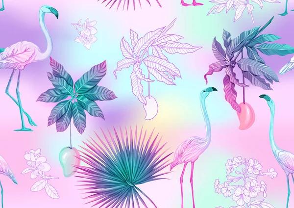 Plantes tropicales, fleurs et oiseaux. Modèle sans couture — Image vectorielle