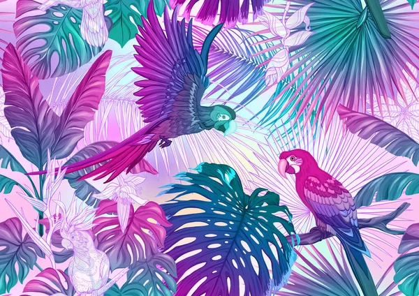 Plantas tropicales y flores y aves. Patrón sin costura — Vector de stock