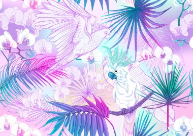 Tropik bitkiler, çiçekler ve kuşlar. Kusursuz desen