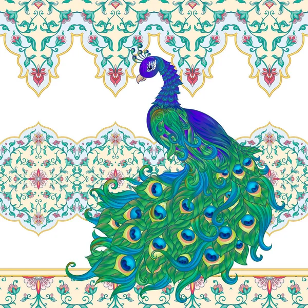 Pájaro pavo real patrón sin costura, fondo . — Archivo Imágenes Vectoriales